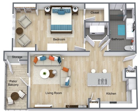 Floor plan for 1 bed, 1 bath, 823 sqft